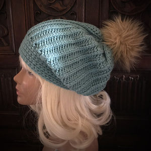 Crochet Slouchy Faux Fur Pompom Hat in Light Teal